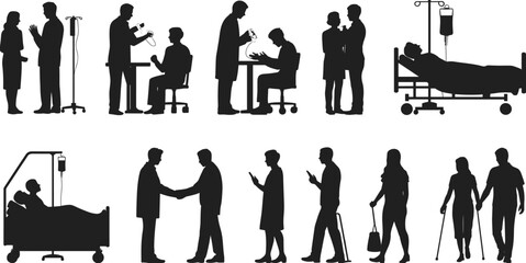 Silhouettes of people in various medical and social interactions with hospital equipment and devices