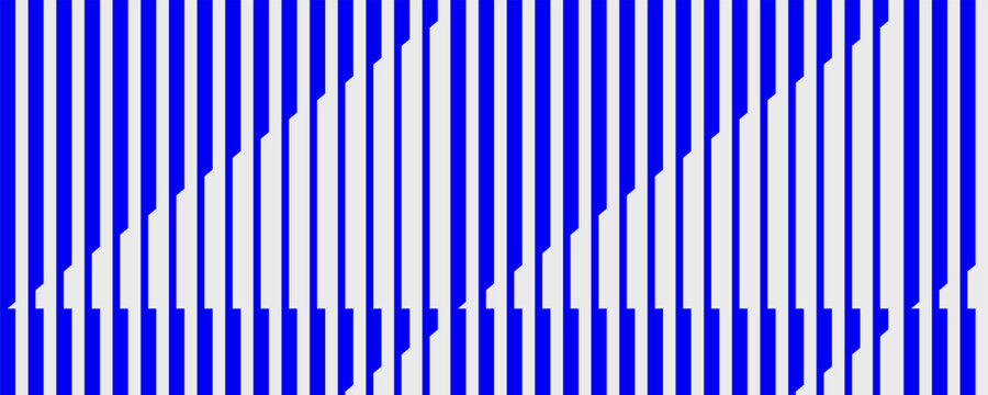 Blue and white vertical stripe pattern with stepped geometric shapes. Dynamic optical lines rhythm