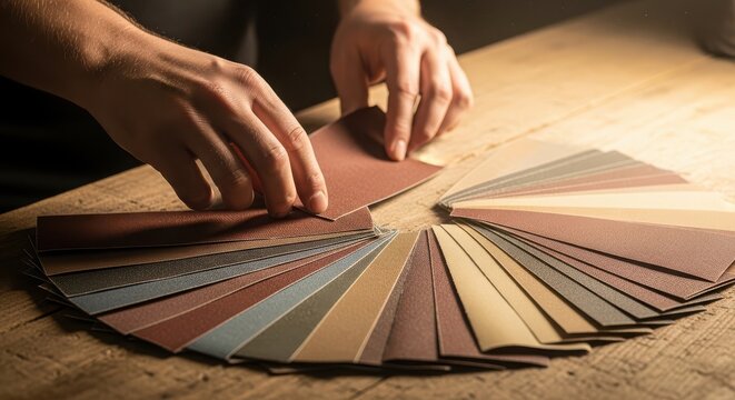 Hands selecting fabric swatches for interior design and home decor with neutral color palette samples