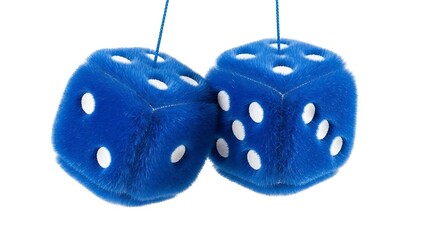 Two blue fuzzy dice hanging from strings on a Transparent Background 3D icon cartoon concept