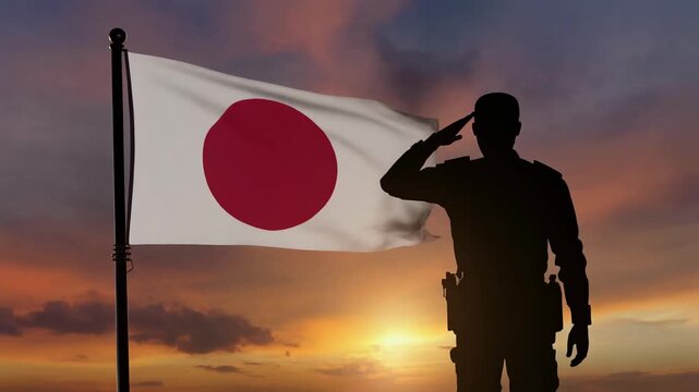 Silhouette of Soldier Saluting Waving Japan Flag at Sunset with Camera Pull Back