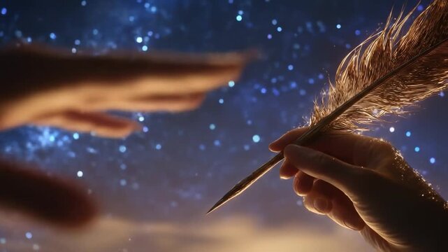 Hands reaching with feather pen against starry backdrop scene