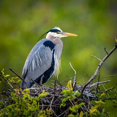 Fototapeta premium A large bird perches on a nest amidst greenery