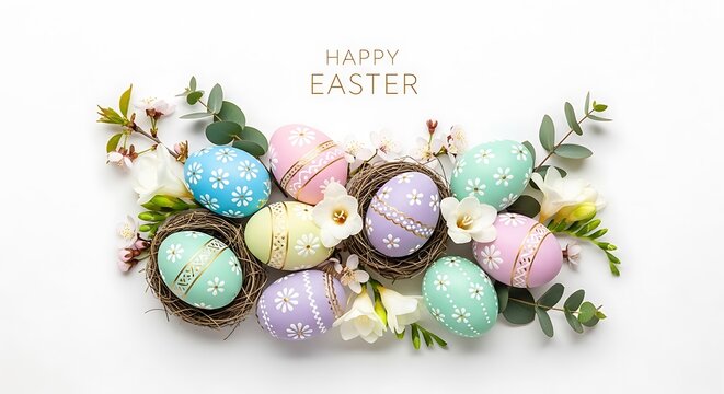 Colorful easter eggs with flowers in nests on white background