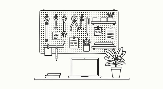 Minimalist home office workspace with laptop and tools on pegboard vector illustration