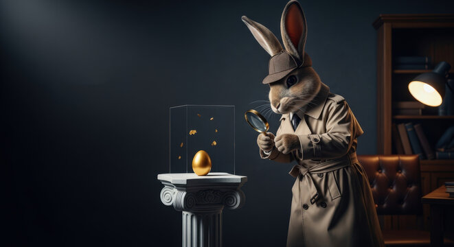 Rabbit detective in a trench coat curiously examining a golden egg with a magnifying glass against a moody, dimly lit interior backdrop