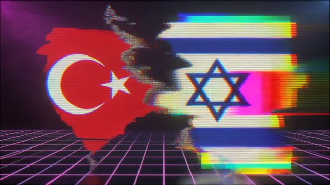 Turkey and Israel Map Flags with Glitch Effect on Retro Grid Background