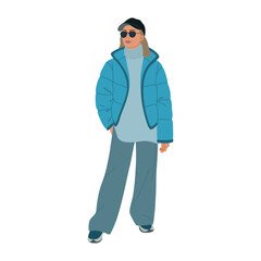Obraz premium Young woman in autumn-winter clothes. Girl is wearing a jacket, trousers, boots, a cap and glasses. Outfit for cold weather. Hand drawn vector illustration isolated on white background, flat style.