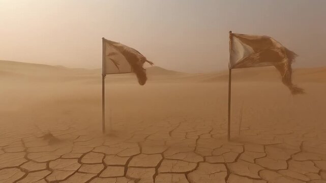 Two Tattered Flags Whipping in Violent Sandstorm on Cracked Desert Earth