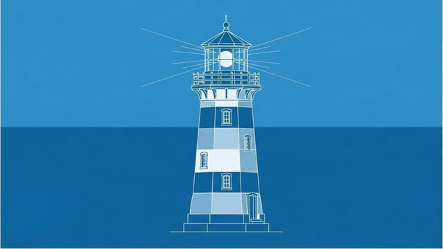 Detailed vehicle autocad blueprint illustration of a lighthouse structure on a platform surrounded by water from a frontal viewpoint