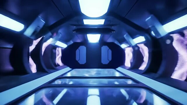 Futuristic, blue-lit tunnel with liquid-like elements lining the walls
