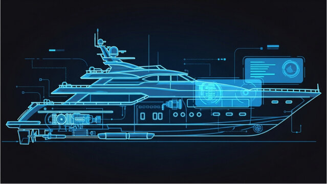 Detailed vehicle autocad blueprint of a luxury yacht displayed in a technical drawing environment from a lateral viewpoint