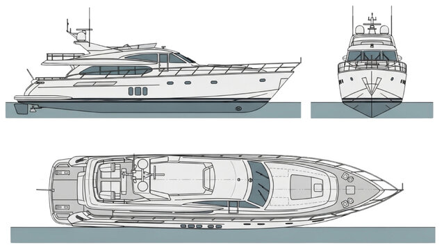 Luxury yacht vehicle autocad blueprint technical drawing side top and floor plan view