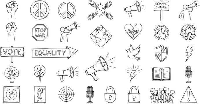 Hand-drawn Doodle Activism Icons Collection: Protest, Peace, Equality, Environment, and Social Change Symbols