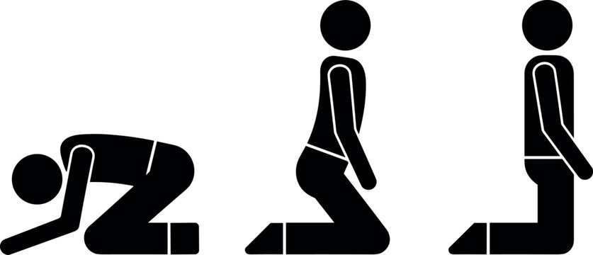 Stick figure man vector icon set showing different kneeling positions including bowing prostration upright kneeling meditation prayer and sitting on heels poses