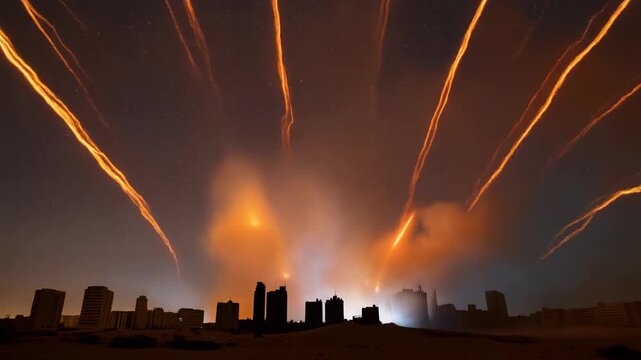 Barrage of Missiles Launching at Night Over City Skyline with Smoke Trails