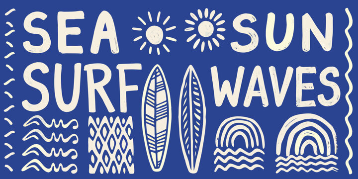 Retro summer design featuring beach elements and bold typography