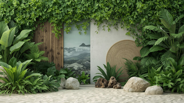 Giardino zen moderno con sabbia bianca piante tropicali. Generative AI 