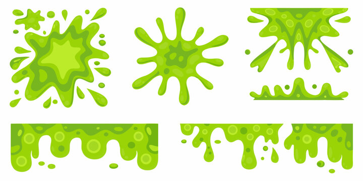 Cartoon green slime splatters and drips on a white background