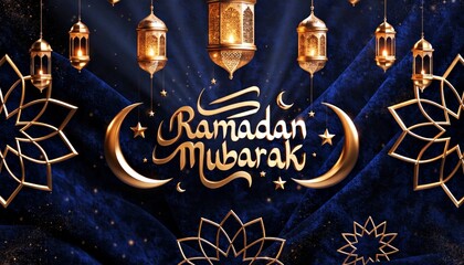 A digital artwork with gold "Ramadan Mubarak" text on a dark blue background, adorned with intricate gold lanterns and crescent moons, evoking a festive, Islamic holiday vibe.