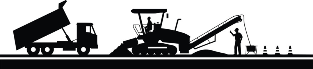 Construction site silhouette with a dump truck, asphalt paver, and workers on a road paving machinery © Mahamudur Creatives