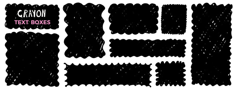 Crayon textured rectangles. Wavy scalloped grunge frames. Text boxes with wiggle edges set. Urban street distressed wall in rectangular, square figures. Vector quote charcoal irregular geometric form.