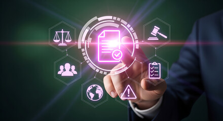Obraz premium Legal Compliance Concept Businessman Touching Digital Law Interface Glowing Icons