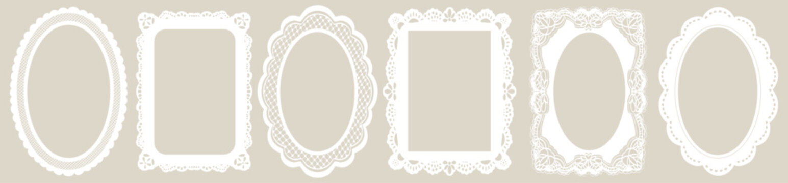 White whimsical lace frames and white borders. Oval, rectangle shapes with vintage elegance decorated with whimsy lines, squiggles. Top view covers for branding, scrapbooking and social media.