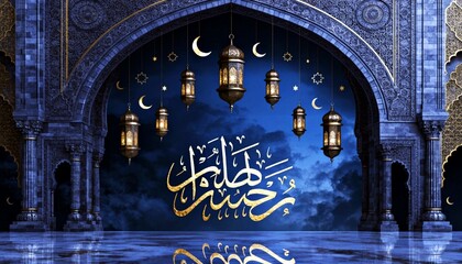 Photograph of a dark blue, intricately patterned archway adorned with hanging, ornate golden lanterns and Arabic calligraphy, reflecting in a serene, rippling water surface.