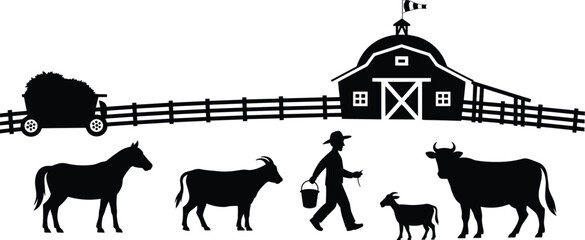 Rustic farm scene silhouette featuring a barn, fence, horse, cow, goat, and farmer with a bucket and rope © Mahamudur Creatives
