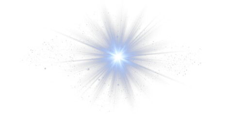 Transparent shining sun with bright flashes and magical energy, combined with a radiant blue PNG star and sparkling light for festive visuals and high-quality blue lens flare light effects on black ba