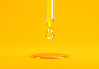 黄色背景に落ちる美容液の一滴 スポイト構図