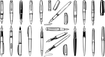 Hand-drawn collection of various fountain pens and writing instruments, including capped and uncapped designs, perfect for stationery and office supplies illustrations.