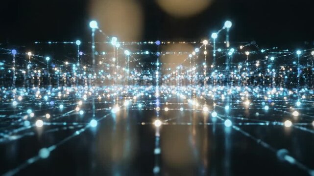 Abstract Digital Network: Illuminated nodes and connecting lines weave across a dark canvas, creating an immersive image of a digital world.