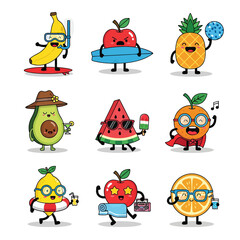 Fototapeta premium Set of cute fruit mascots in summer vacation theme. Flat vector illustration of funny banana, apple, pineapple, avocado, watermelon, and orange characters with various holiday expressions.