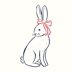 Obraz premium Hand drawn sitting Easter bunny with red bow on head in minimalist ink sketch style. Flat vector illustration. Ideal for holiday card, invitation, sticker, children print, packaging and spring decor.