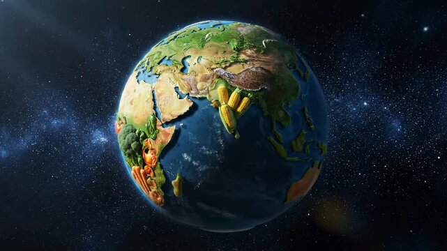 Earth Reimagined As Vibrant Planet Earth Covered In Lush Greenery And Fresh Vegetables In Outer Space