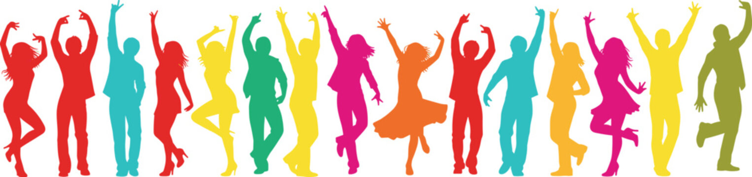 Large collection of colorful people silhouettes dancing and celebrating in various joyful poses isolated on white background for party event and music festival design.