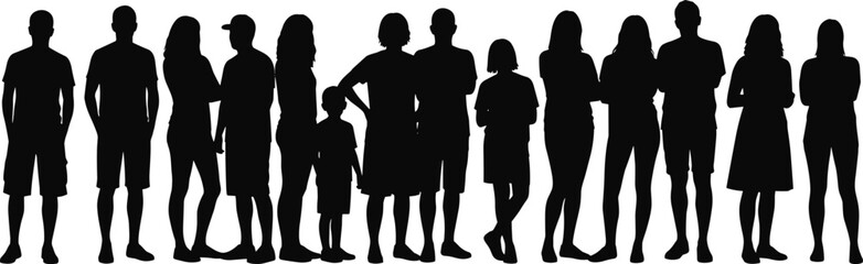 Large group of diverse people silhouettes standing together in a row featuring men women and children for community teamwork and social unity concepts
