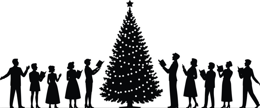 Christmas choir singing around decorated tree holiday celebration silhouettes vector illustration festive seasonal design collection