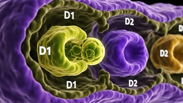 Ultra detailed 3D medical animation of dopamine neurotransmitter binding to D1 and D2 dopamine receptors on neuron membrane cross sectional close up of realistic biological membrane texture green yell