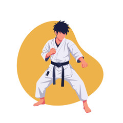 Flat vector illustration of a martial artist in a karate stance. Faceless male fighter wearing a white kimono and black belt. Combat and self-defense concept on yellow background.