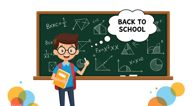Happy schoolboy wearing glasses and a backpack standing in front of a chalkboard filled with complex mathematical formulas.