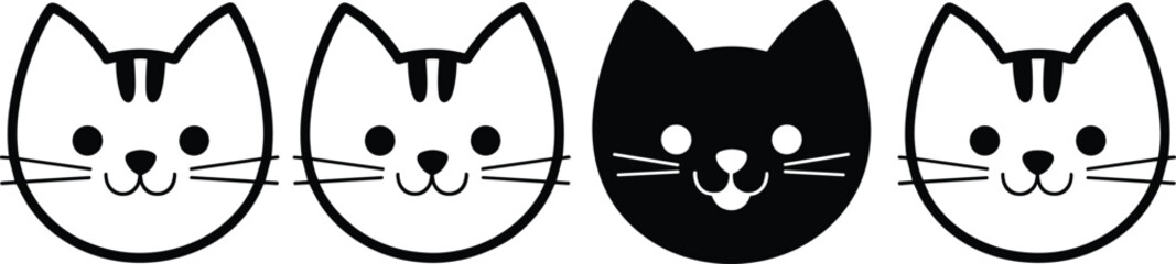 Four cartoon cat faces in vector style showing contrast between black and white feline expressions © Hey world