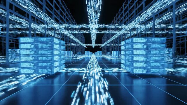 Seamlessly looping abstract motion graphics visualizing digital inventory data flowing through blue glowing pathways inside a minimal warehouse grid environment business, looping, distribution