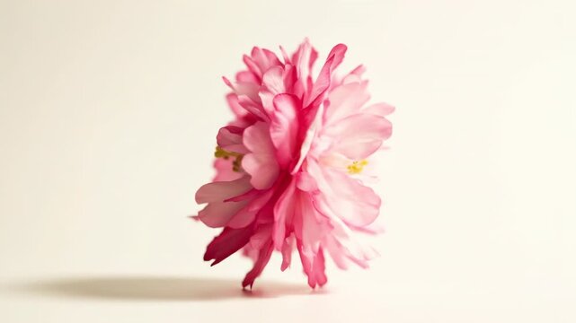Seamlessly looping abstract motion of a perfectly formed single cherry blossom rotating slowly on a uniform high-key cream colored backdrop video art, website element, rotating slowly
