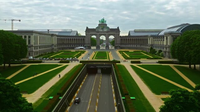 Aerial view of Cinquantenaire Arcade in Jubelpark, Brussels, Belgium. Symbolizing Belgian history and independence
