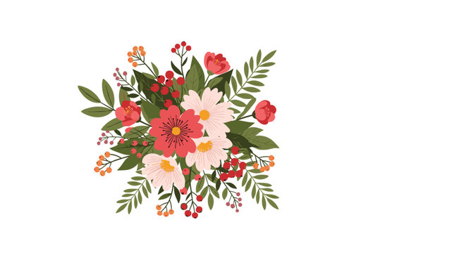 Beautiful floral bouquet featuring pink and red wildflowers and green foliage arranged on a clean white background.