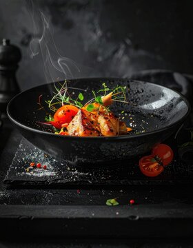 Gourmet seared fish dish presented dramatically with steam rising in a dark setting.