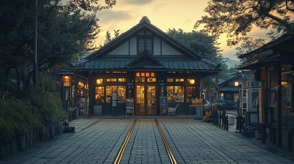 Obraz premium Traditional Japanese building with warm glowing lights at dusk, surrounded by trees and peaceful street with railway tracks leading to entrance, evoking calm and nostalgic atmosphere